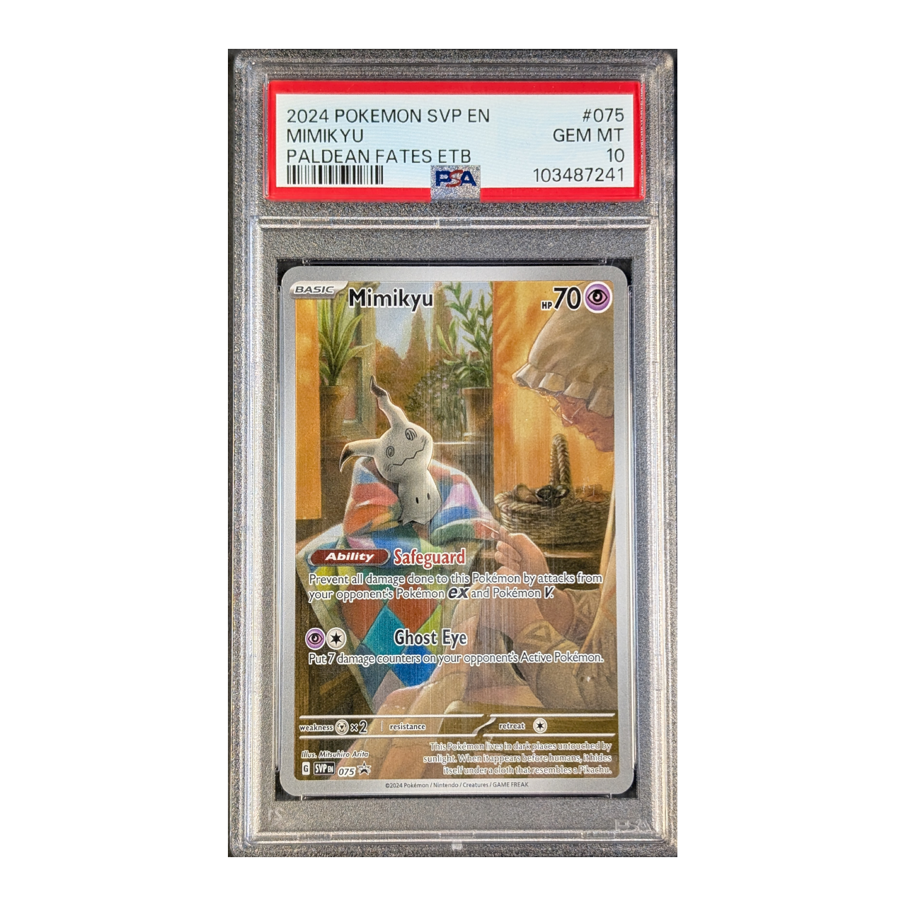 slabs-lower-mb_0018_mimikyu-075-eng-10.png PSA 10 GEM MT: Mimikyu SV Black Star Promos 75 - Afbeelding 1